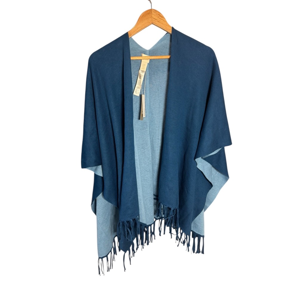 Chicos Collection Blue Reversible Fringe Two Tone Poncho OS